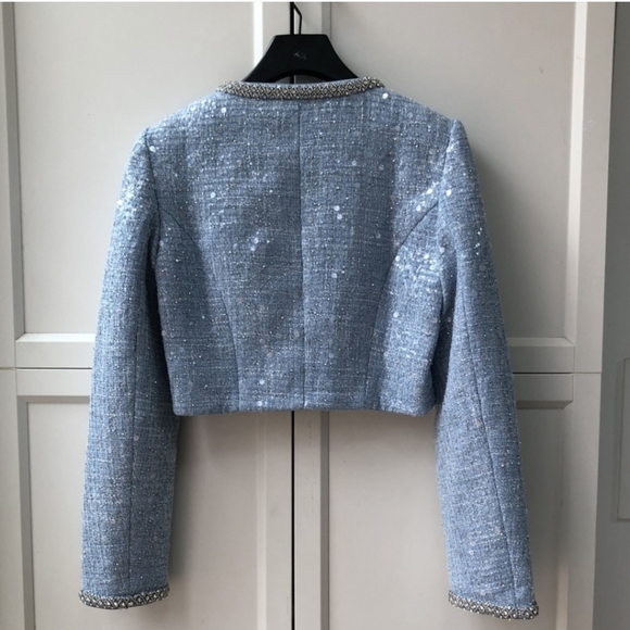 Self-Portrait BLUE SEQUIN BOUCLE CROPPED JACKET - Picture 8 of 8